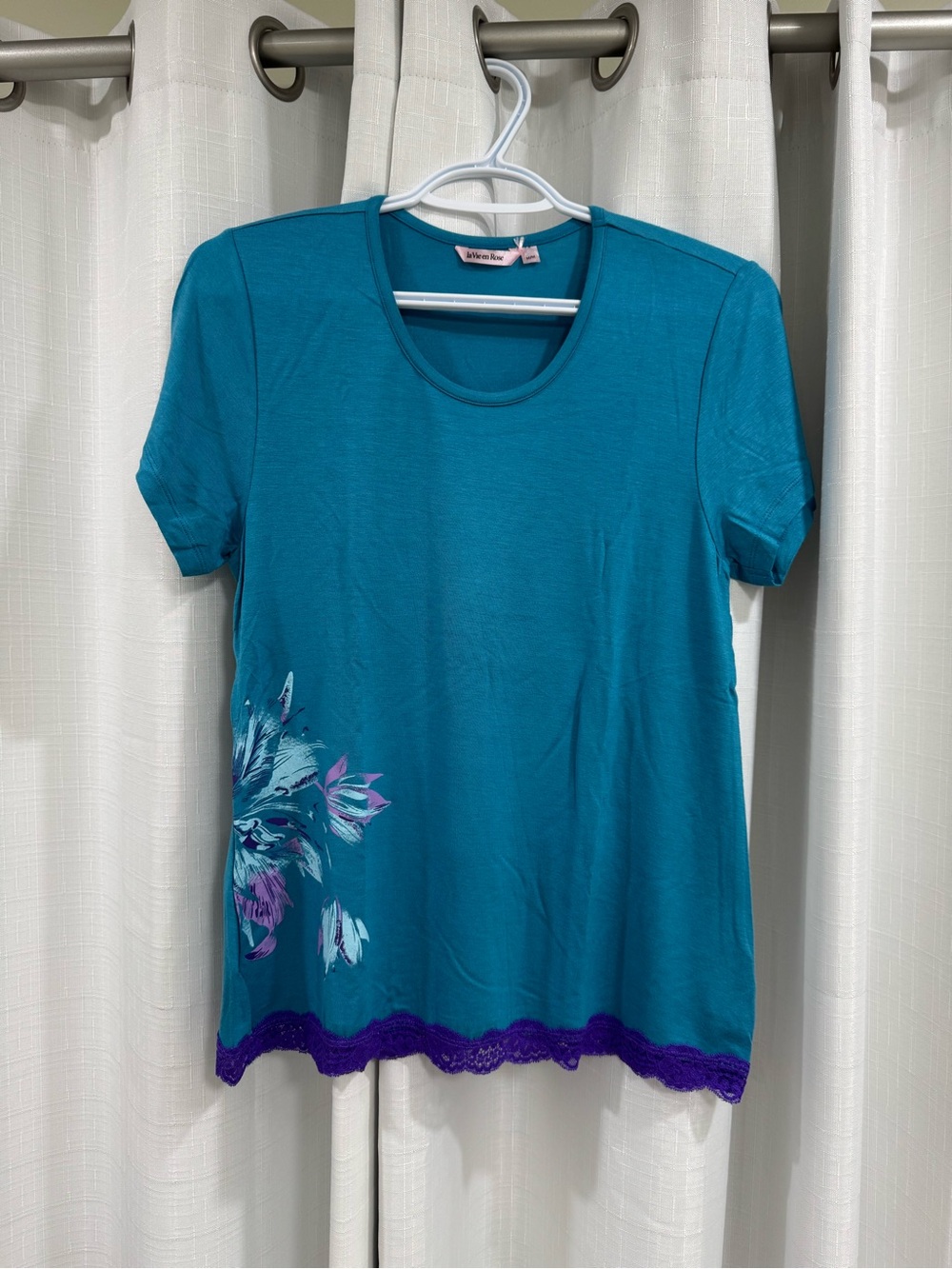 La Vie En Rose Teal Short-Sleeve Top with Purple Lace Trim
